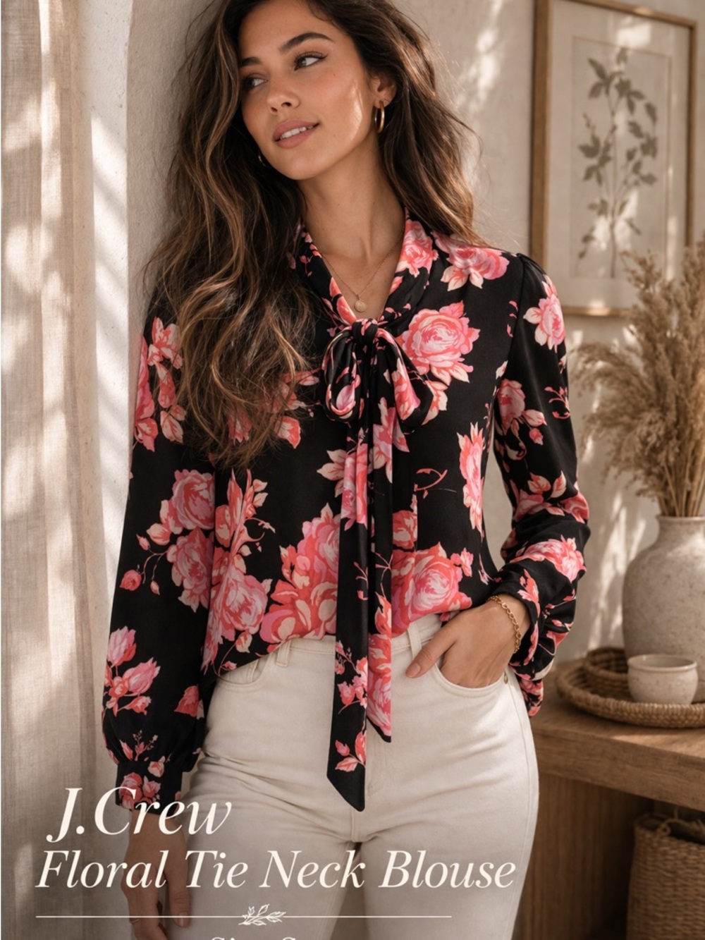J.Crew Floral Tie Neck Blouse Black Pink NWT Size Small Romantic Chic